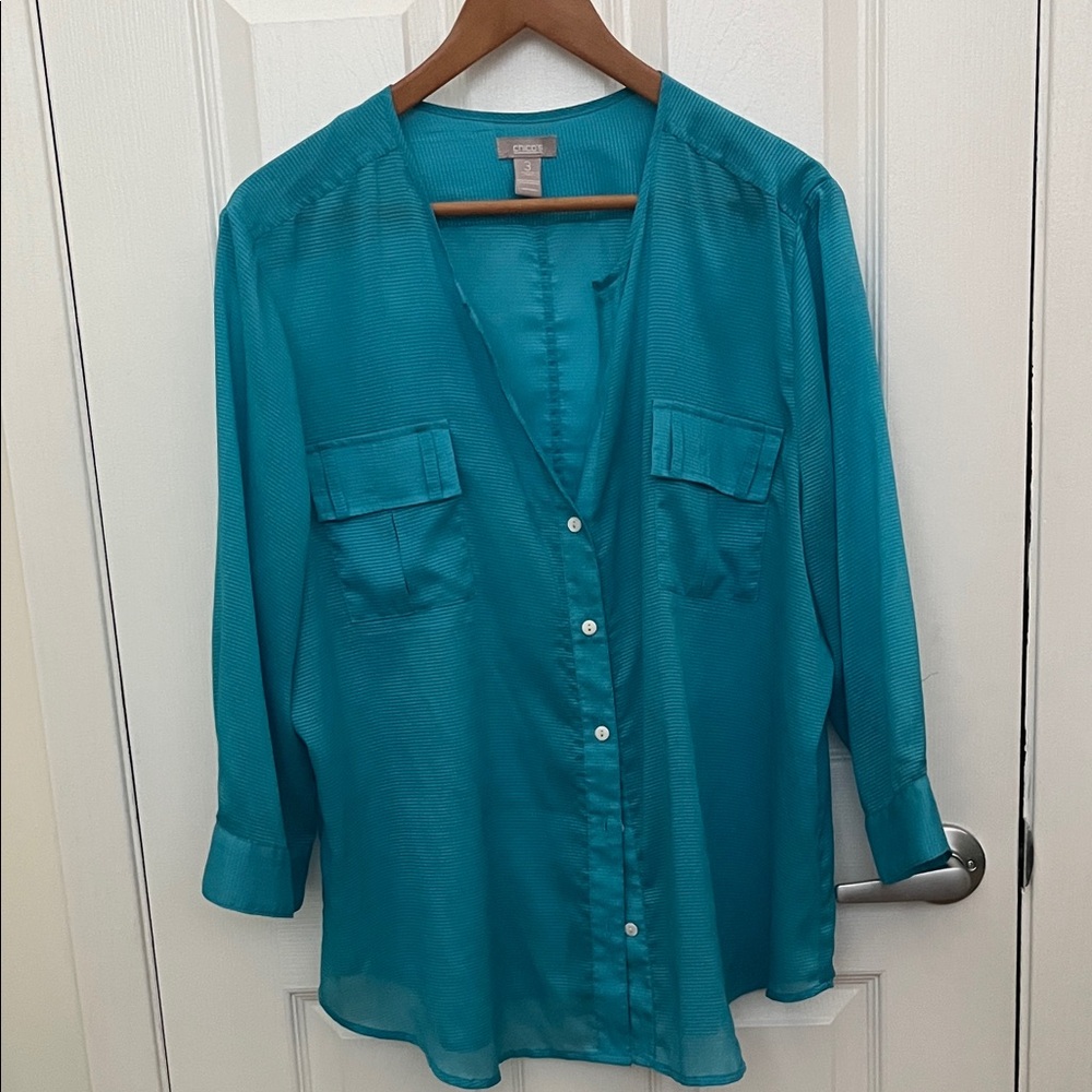 Chico's Teal Sheer Button-Down Shirt. Chico’s Size 3 - Picture 1 of 5